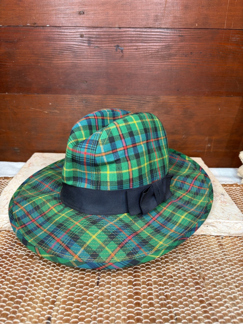Vintage Green Tartan Plaid Fedora Style Hat Size 7 1/8 - 7 1/4